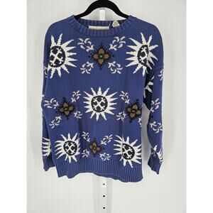 Henry Grethel Women's Blue Cotton Floral Long Sleeve Boat-Neck Sweater Size L